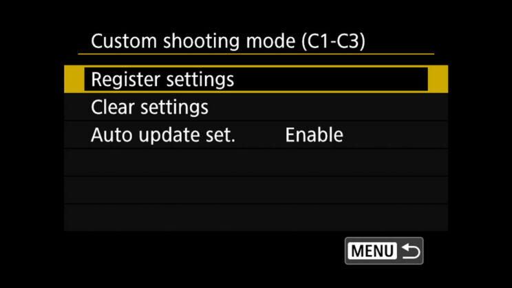 canon menu Custom shooting mode settings