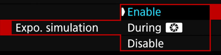 canon menu ISO exposure simulation setting