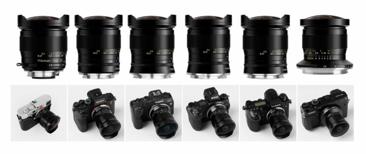 photo collage on white background of all the versions of the TTartisan 11mm 2.8 fisheye