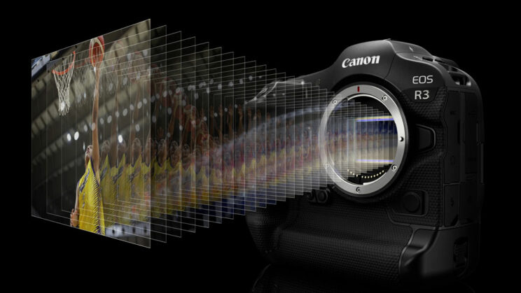 30 images coming off the Canon R3 image sensor, concept image representing the fast continuous shooting speed
