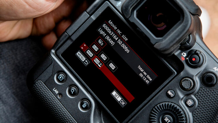 close-up on back of the R3 with Movie Recording Size settings for video