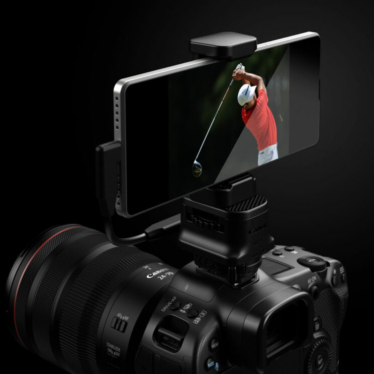 smartphone connected to the AD-P1 adapter on the Canon R3