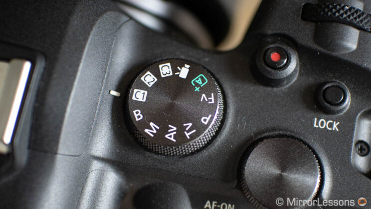 close-up on the shooting mode dial on top of the Canon R6