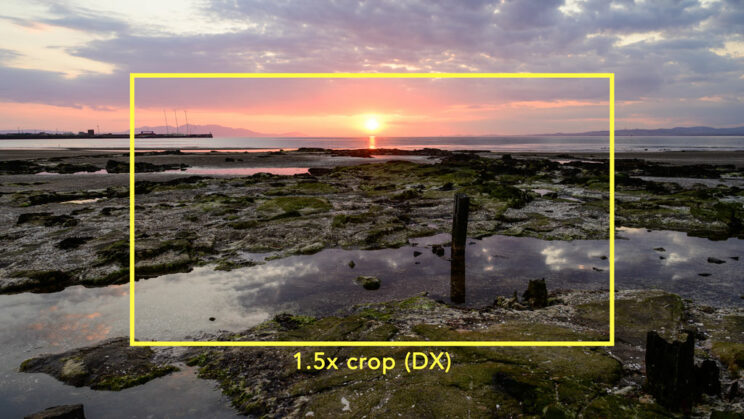 sunset landscape image with yellow rectangle overlayed, showing the image size in DX mode