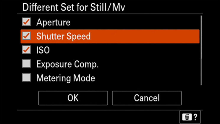 Screenshot of the A7 IV menu, showing how you can configure settings differently for still and video