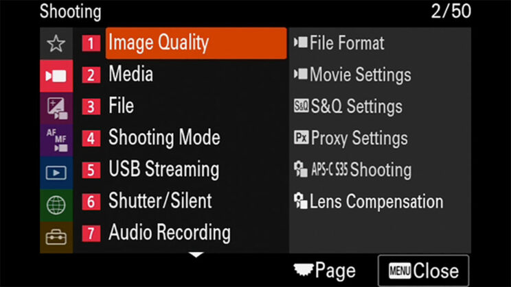 screenshot of the A7 IV menu system