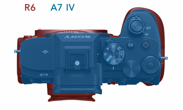difference in size between the A7 IV and R6, top view