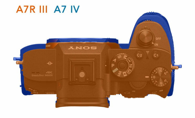 Size comparison between the A7 IV and A7R III, view from the top