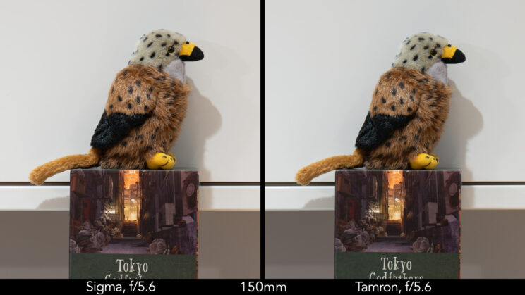 side by side image of a stuffed bird toy, showing the difference in sharpness at f/5.6 and 150mm