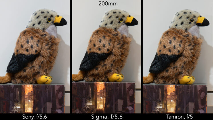 side by side image of a stuffed bird toy, showing the difference in sharpness at f/5.6, f/5 and 200mm