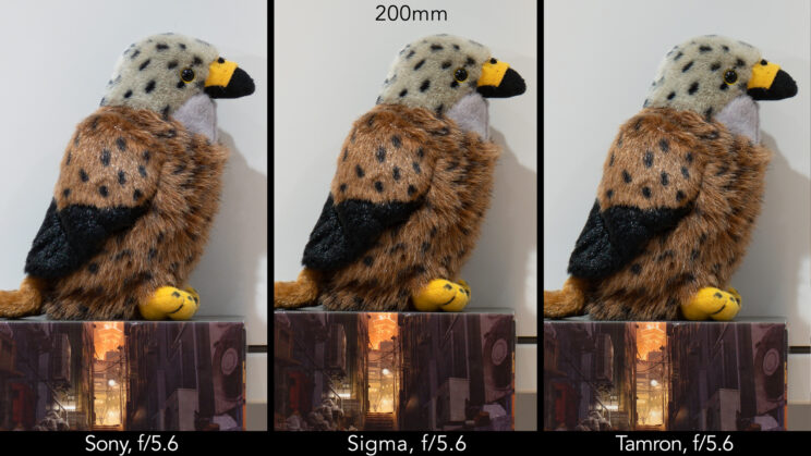 side by side image of a stuffed bird toy, showing the difference in sharpness at f/5.6 and 200mm