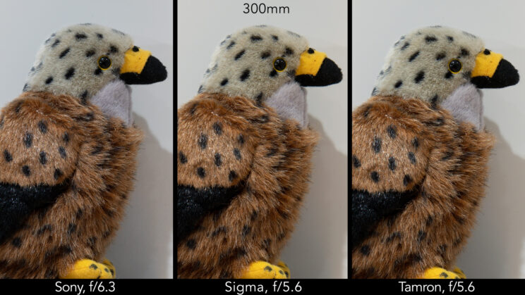 side by side image of a stuffed bird toy, showing the difference in sharpness at f/5.6, f/6.3 and 300mm