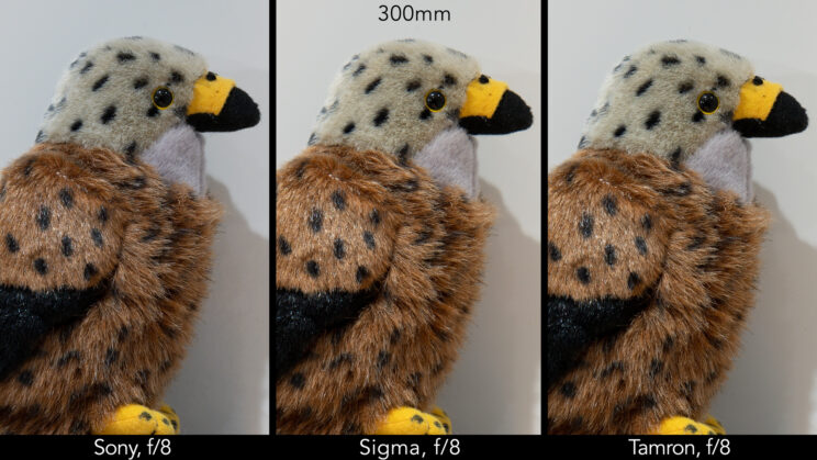 side by side image of a stuffed bird toy, showing the difference in sharpness at f/8 and 300mm