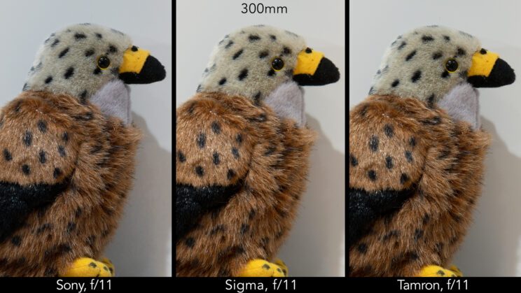 side by side image of a stuffed bird toy, showing the difference in sharpness at f/11 and 300mm