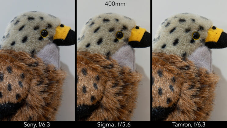 side by side image of a stuffed bird toy, showing the difference in sharpness at f/5.6, f/6.3 and 400mm