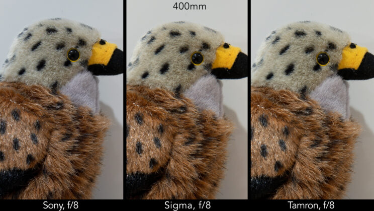 side by side image of a stuffed bird toy, showing the difference in sharpness at f/8 and 400mm