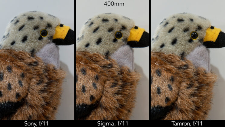 side by side image of a stuffed bird toy, showing the difference in sharpness at f/11 and 400mm