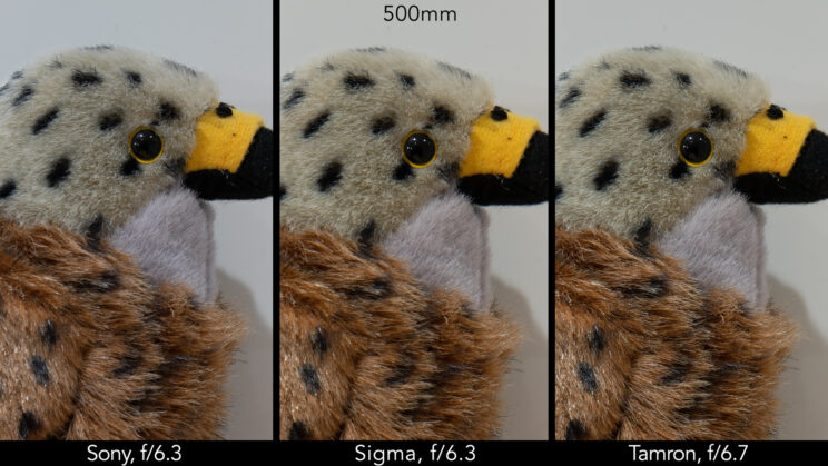 side by side image of a stuffed bird toy, showing the difference in sharpness at f/6.3, f/6.7 and 500mm