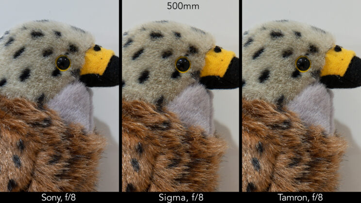 side by side image of a stuffed bird toy, showing the difference in sharpness at f/8 and 500mm
