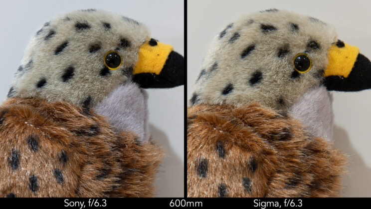 side by side image of a stuffed bird toy, showing the difference in sharpness at f/6.3 and 600mm