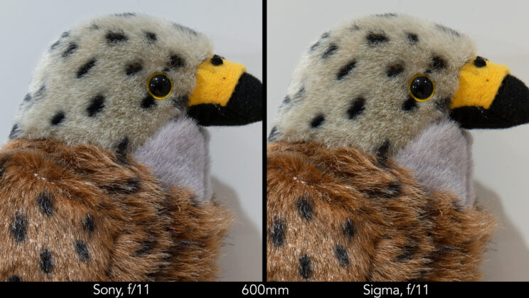 side by side image of a stuffed bird toy, showing the difference in sharpness at f/11 and 600mm