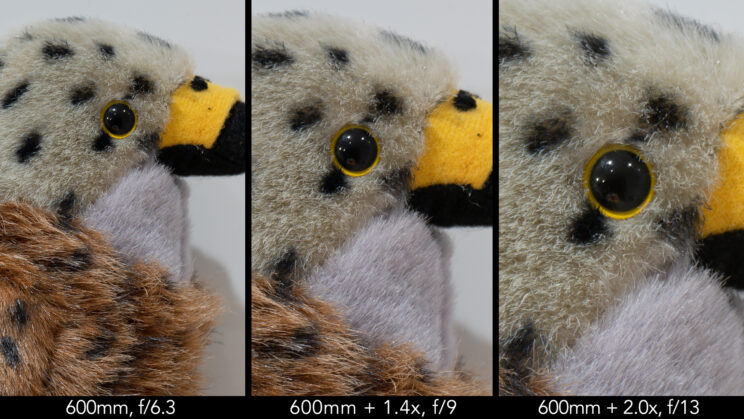 side by side image showing the sharpness of the Sony lens at 600mm with and without teleconverters, at f/6.3, f/9 and f/13 respectively