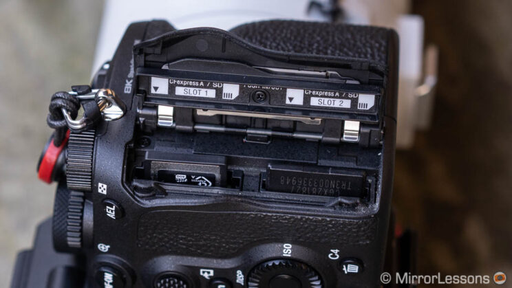 dual memory card slots on the Sony A1, with one CFexpress and SD card inserted