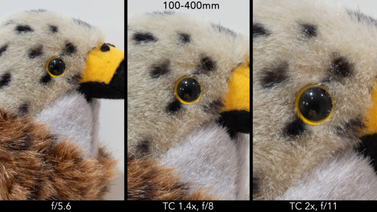 side by side image of the red kite stuffed toy, showing the difference in sharpness at 400mm and f5.6, then with the teleconverter 1.4 and 2.0