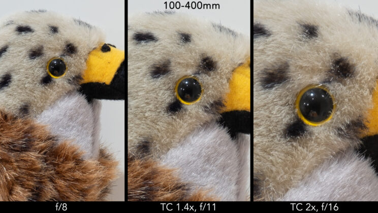 side by side image of the red kite stuffed toy, showing the difference in sharpness at 400mm and f8, then with the teleconverter 1.4 and 2.0
