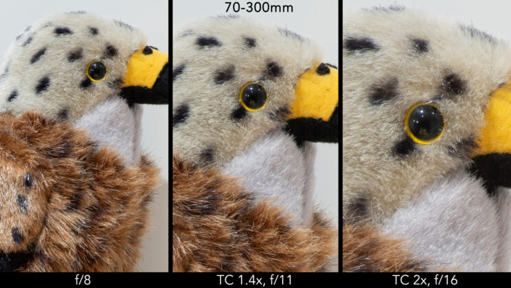 side by side image of the red kite stuffed toy, showing the difference in sharpness at 300mm and f8, then with the teleconverter 1.4 and 2.0