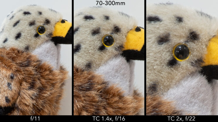 side by side image of the red kite stuffed toy, showing the difference in sharpness at 300mm and f11, then with the teleconverter 1.4 and 2.0