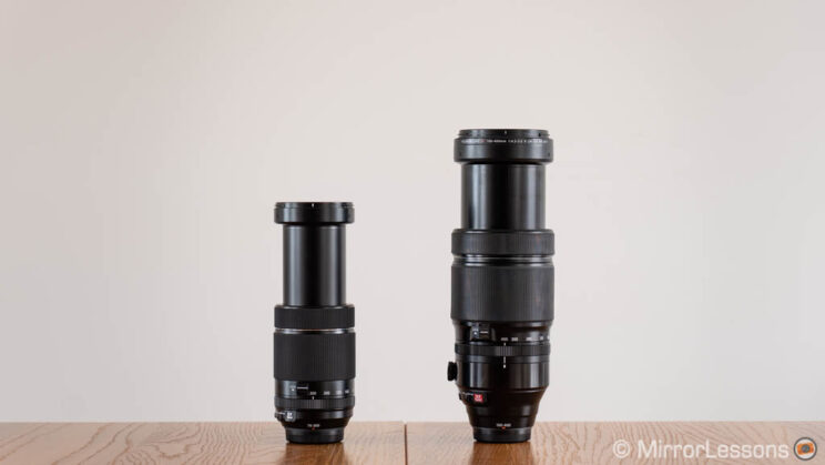 Fujifilm 70-300mm and 100-400mm side by side, extended with no hoods