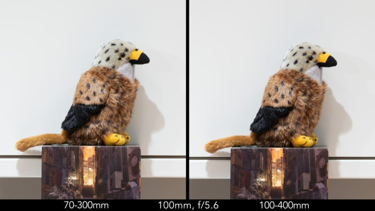 Side by side image of red kite stuffed toy showing the sharpness at 100mm and f5.6