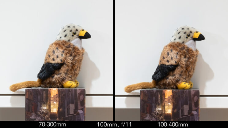 Side by side image of red kite stuffed toy showing the sharpness at 100mm and f11