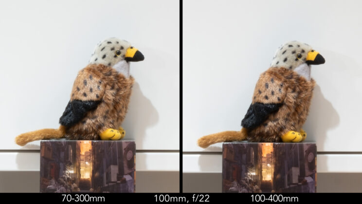 Side by side image of red kite stuffed toy showing the sharpness at 100mm and f22
