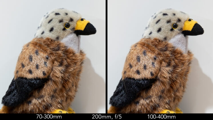 Side by side image of red kite stuffed toy showing the sharpness at 200mm and f5