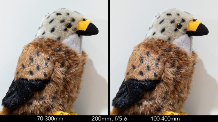 Side by side image of red kite stuffed toy showing the sharpness at 200mm and f5.6