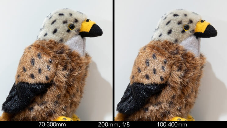 Side by side image of red kite stuffed toy showing the sharpness at 200mm and f8