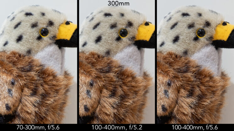 Side by side image of red kite stuffed toy showing the sharpness at 300mm between f5.2 and f5.6