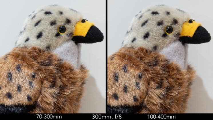 Side by side image of red kite stuffed toy showing the sharpness at 300mm and f8