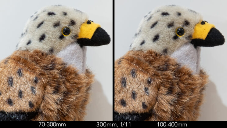 Side by side image of red kite stuffed toy showing the sharpness at 300mm and f11
