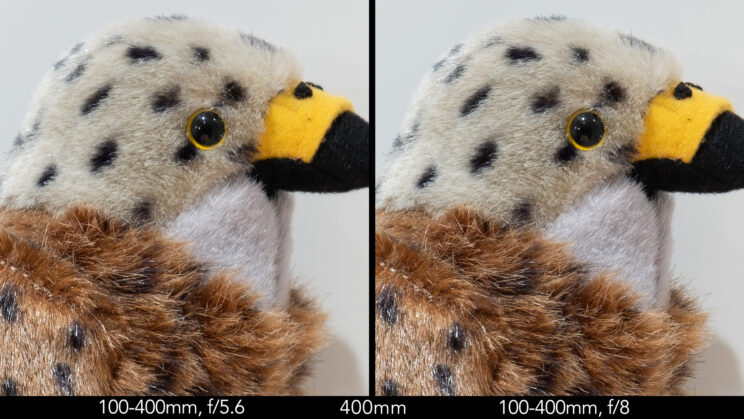 Side by side image of red kite stuffed toy showing the sharpness at 400mm between f5.6 and f8