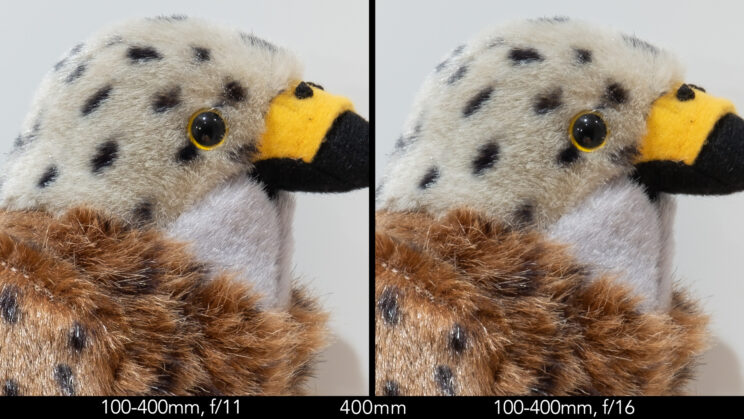Side by side image of red kite stuffed toy showing the sharpness at 400mm between f11 and f16