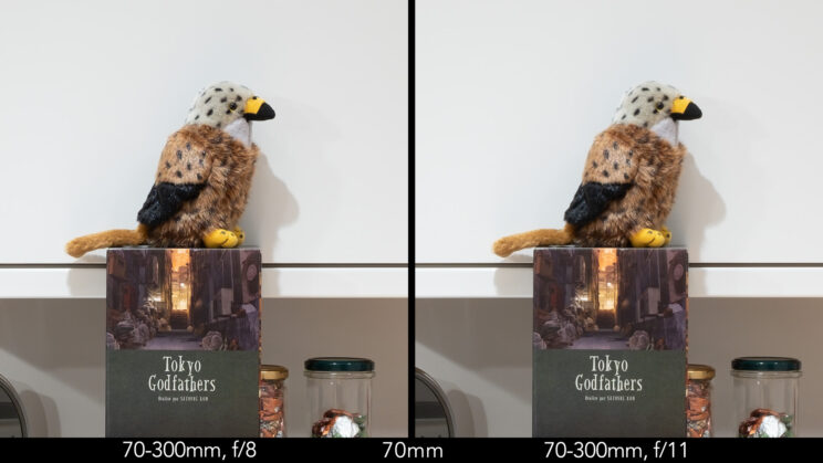 Side by side image of red kite stuffed toy showing the sharpness at 70mm between f8 and f11