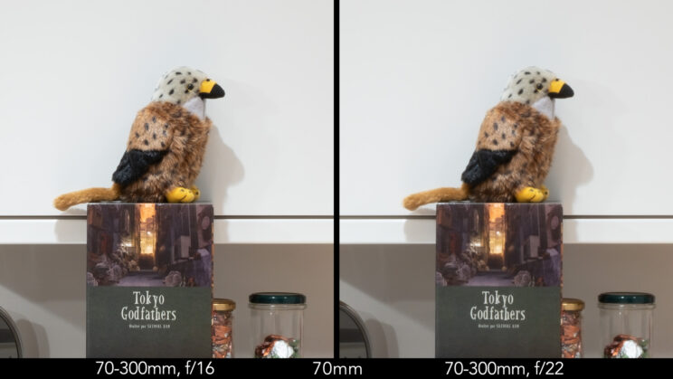 Side by side image of red kite stuffed toy showing the sharpness at 70mm between f16 and f22