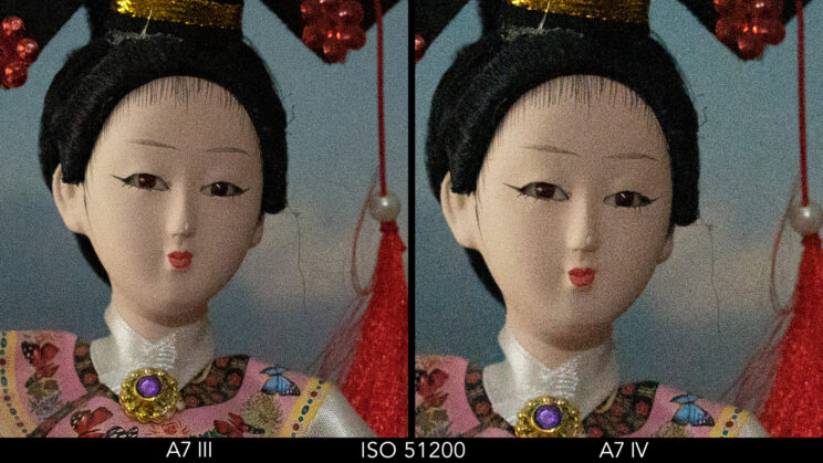 side by side crop showing the difference at ISO 51200 between the A7 III and A7 IV
