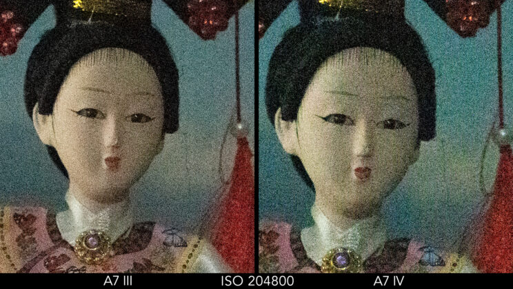 side by side crop showing the difference at ISO 204800 between the A7 III and A7 IV