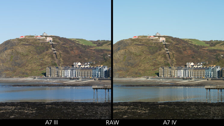 side by side image of a seaside town with big hill in the background, taken with the A7 III and A7 IV in RAW format