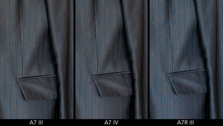 side by side crop of the photo of a dark jacket, showing the amount of moiré for each camera