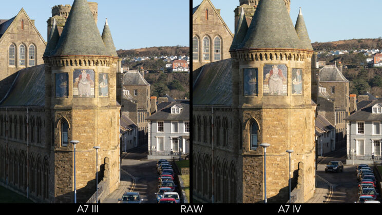 side by side crop of the previous image to show the detail rendering on the castle, from the RAW files